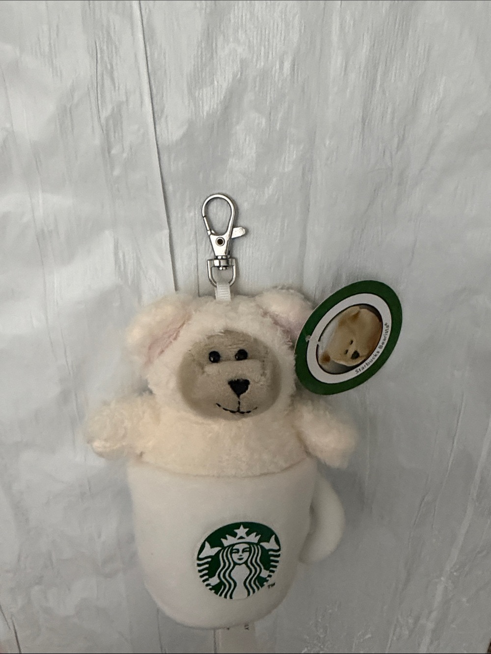 Starbucks White Plush Bear Mug Keychain with Green Logo - Picture 2 of 3